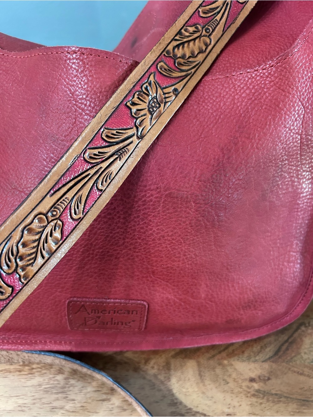 American Darling Red Leather Shoulder Bag with Tooled Tan Accent Strap
